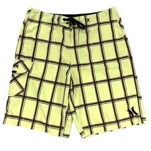 Mens Hurley Y2K Board Shorts Swim Trunks Yellow Plaid Surf Beach Size 36 2008